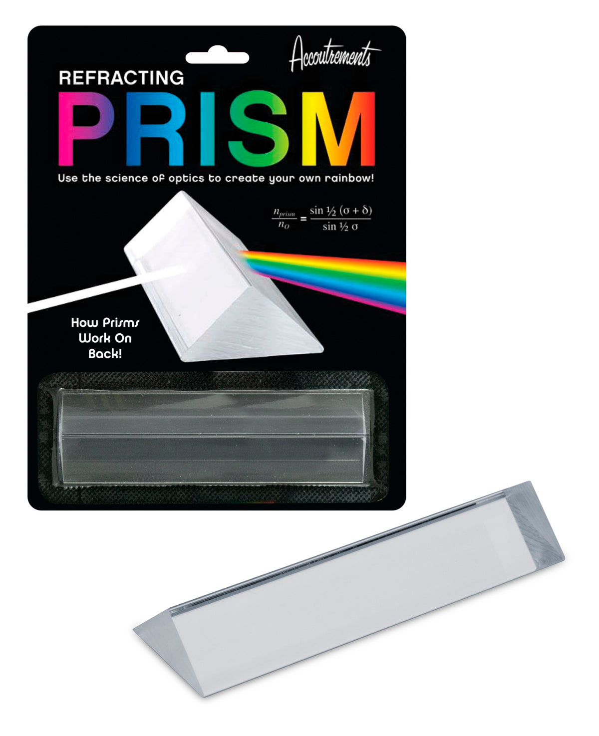 A refracting prism in packaging with a vibrant "PRISM - Fun Educational Science Rainbow Light of Colors - Archie McPhee" label. The image showcases the prism outside of its packaging, demonstrating the magic of optics as it disperses light into a stunning rainbow.