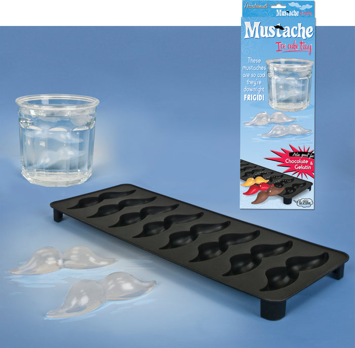 A whimsical silicone mustache ice cube tray from Archie McPhee sits beside a glass filled with fun mustache-shaped ice cubes, perfect for adding flair to any mustache-themed party. Featuring charming packaging, it's the ideal accessory for hosting in style, whether you're using it as an ice cube mold or a chocolate and gelatin mold.