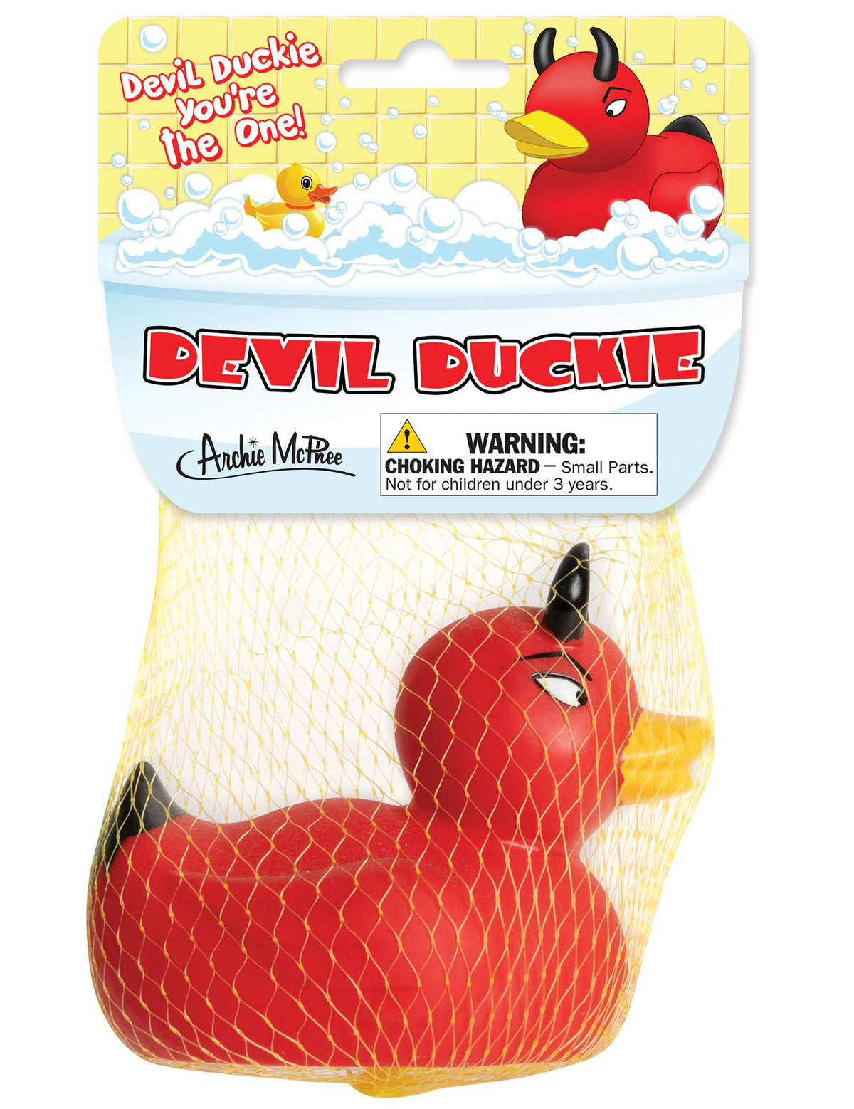 The 😈 Devil Duckie Rubber Bath Toy is a red floating demon duck with black horns, packaged in a yellow mesh bag. Labeled "Devil Duckie." Warning: choking hazard for children under 3 years.