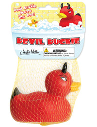 The 😈 Devil Duckie Rubber Bath Toy is a red floating demon duck with black horns, packaged in a yellow mesh bag. Labeled "Devil Duckie." Warning: choking hazard for children under 3 years.
