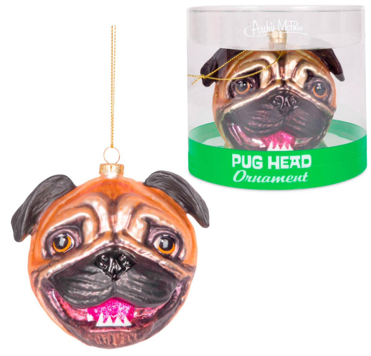 Pug Head Dog Ornament - Christmas Holiday Art Hand-Blown Glass ® Archie McPhee