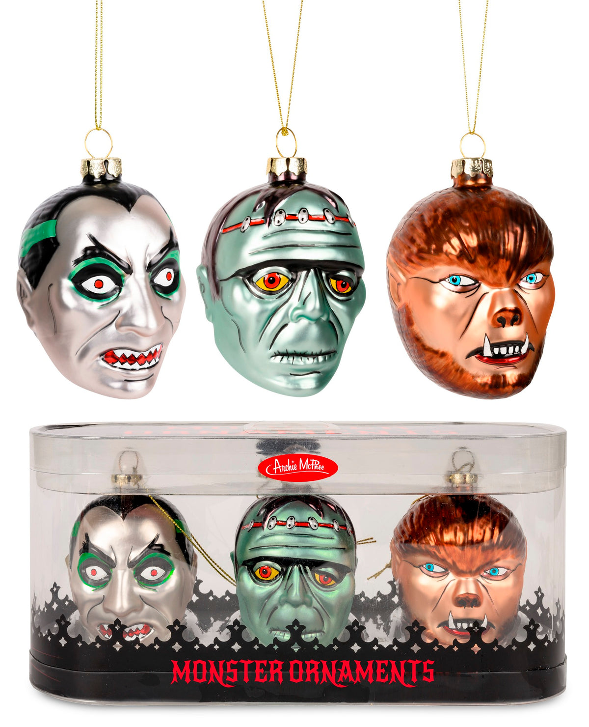 Monster Ornament Set - Holiday Art Decor Hand-Blown Glass ® Archie McPhee