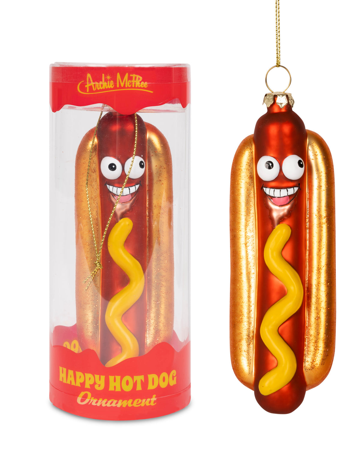 Happy Hot Dog Ornament - Christmas Holiday Art Hand-Blown Glass ® Archie McPhee