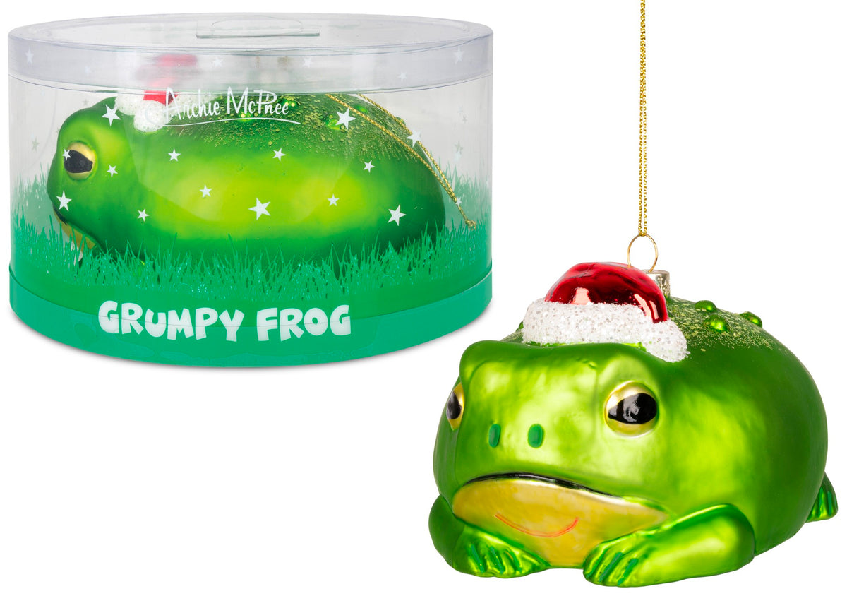 Grumpy Frog Ornament - Chriistmas Holiday Art Hand-Blown Glass ® Archie McPhee