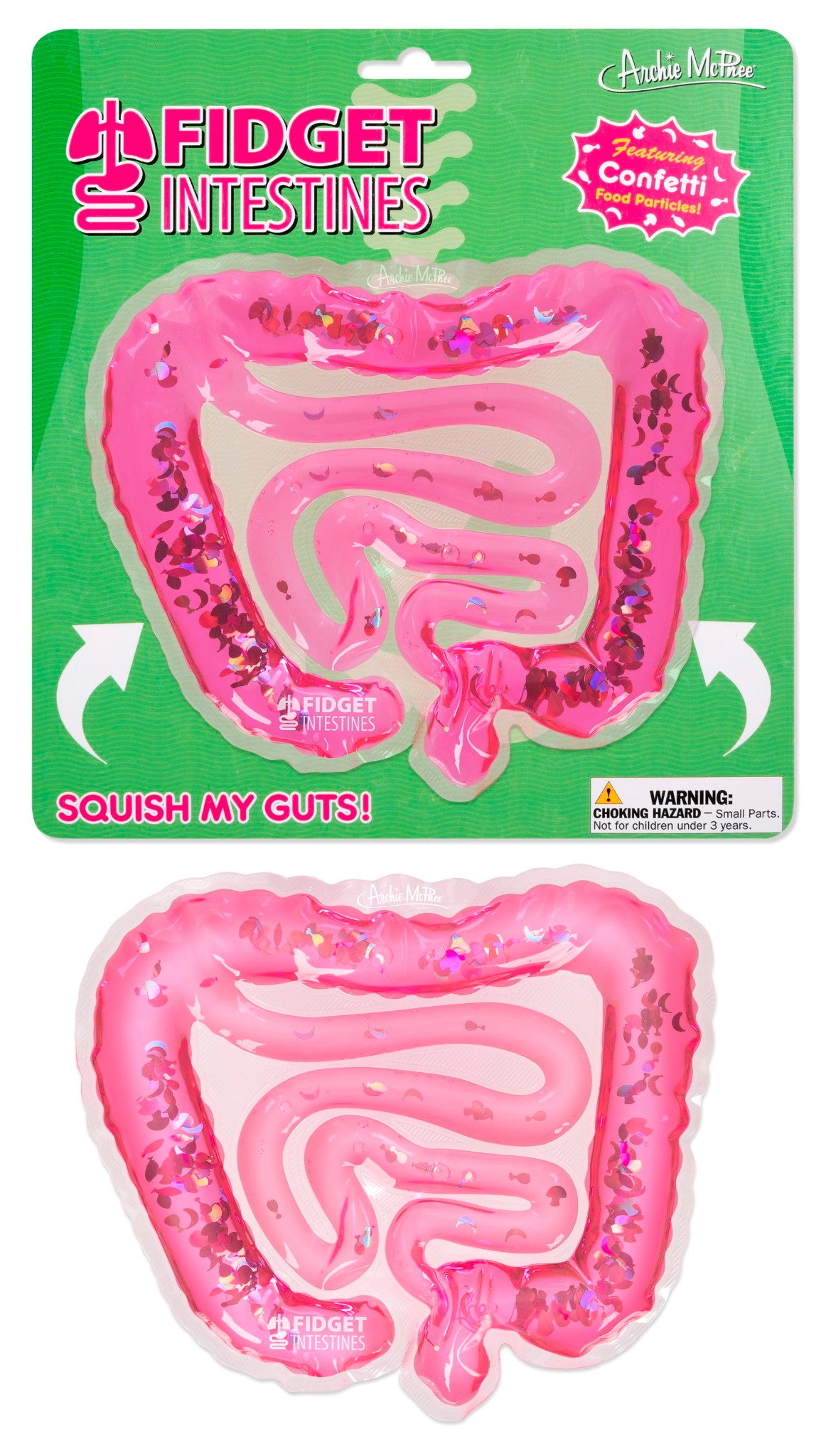 The Fidget Intestines 🤏 is a pink, intestine-shaped squishy liquid-filled toy with food confetti 💦, packaged on a green card labeled "Fidget Intestines - Squish My Guts!"—a hilarious gag gift and stress relief toy; warning: small parts.