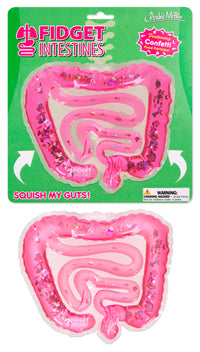 The Fidget Intestines 🤏 is a pink, intestine-shaped squishy liquid-filled toy with food confetti 💦, packaged on a green card labeled "Fidget Intestines - Squish My Guts!"—a hilarious gag gift and stress relief toy; warning: small parts.