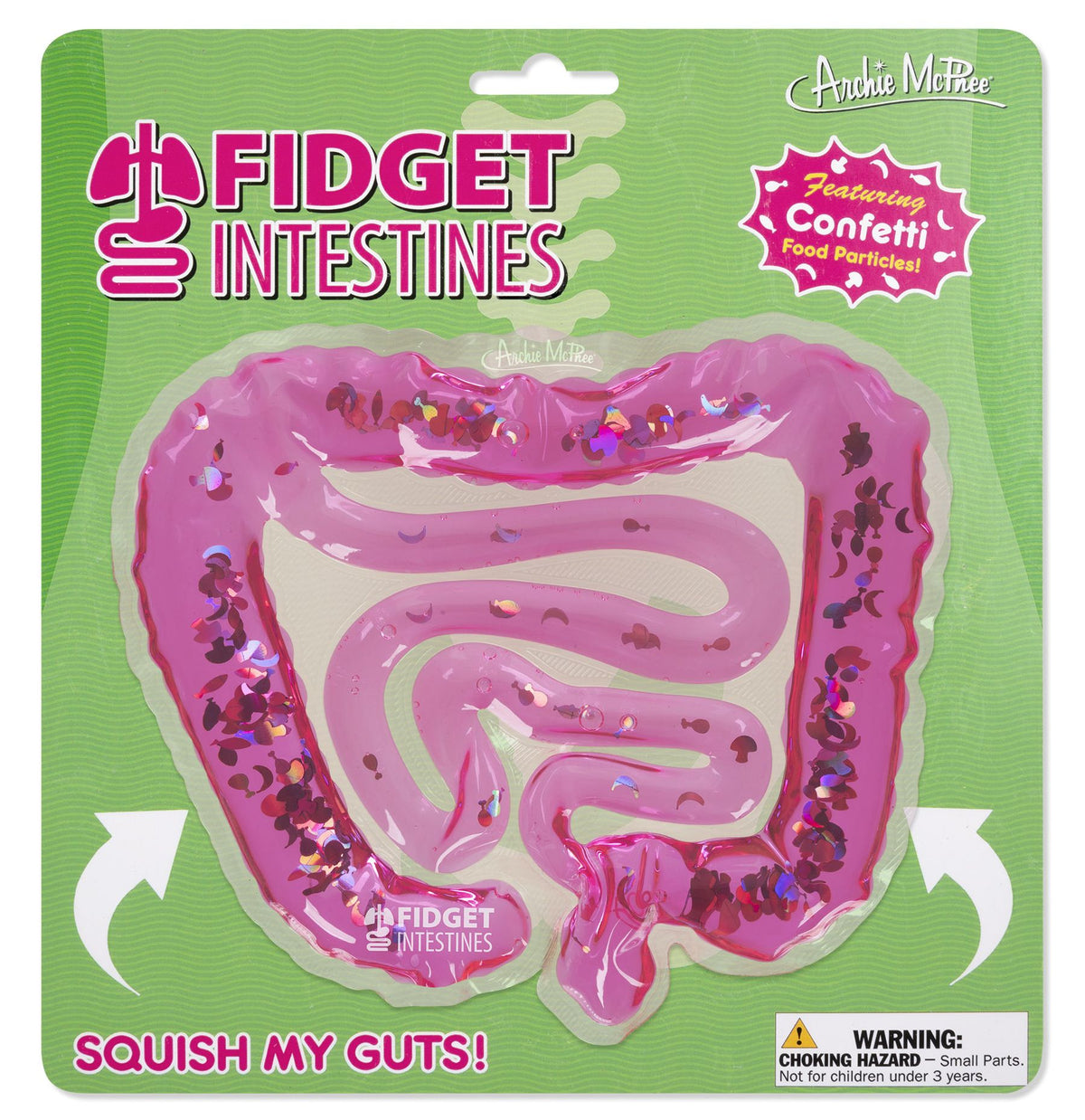 Fidget Intestines 🤏 is a squishy, liquid-filled gut gag toy with food confetti 💦, shaped like pink intestines. Packaged with "Squish My Guts!" on the card and includes a choking hazard warning.