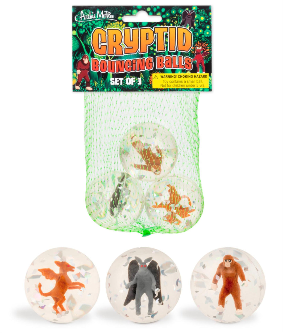 The 3-pk Cryptid Rubber Bouncing Balls includes transparent balls featuring Bigfoot, Mothman, and the Jersey Devil figures inside—fun cryptozoology toys. Packaging reads: “Cryptid Bouncing Balls.”.