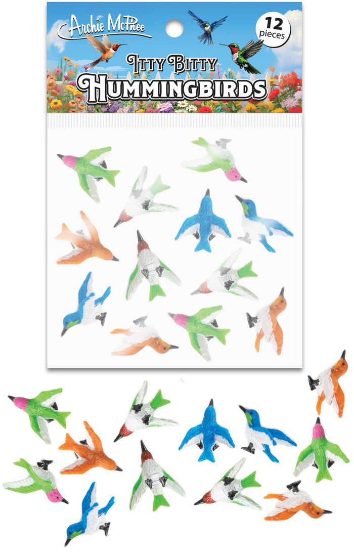 The packaging for "Itty Bitty Hummingbirds (Bag of 12) - Garden Bird Figurines" by Archie McPhee features 12 vibrant and intricately designed decorative hummingbird figures made from soft vinyl.