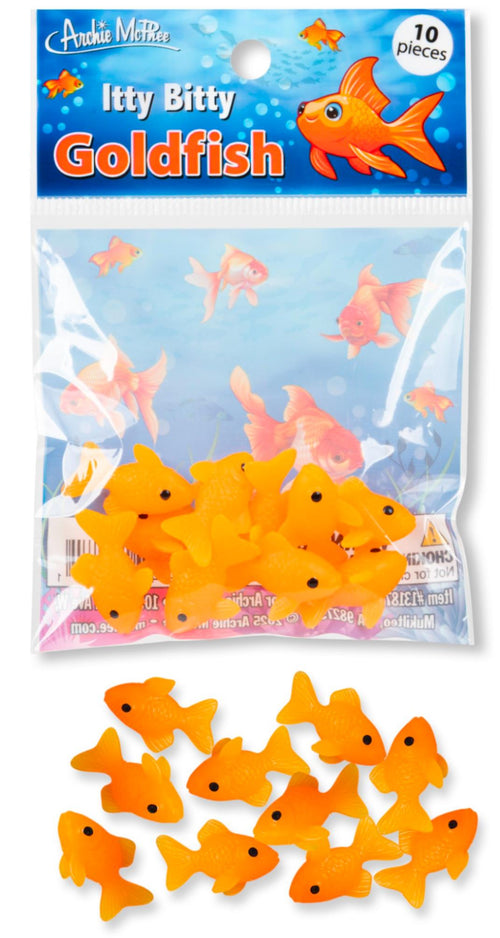 The 🐟 Itty Bitty GOLDFISH (Bag of 10) Figurines by Archie McPhee includes ten mini orange vinyl fish, ideal for crafts or decorations.