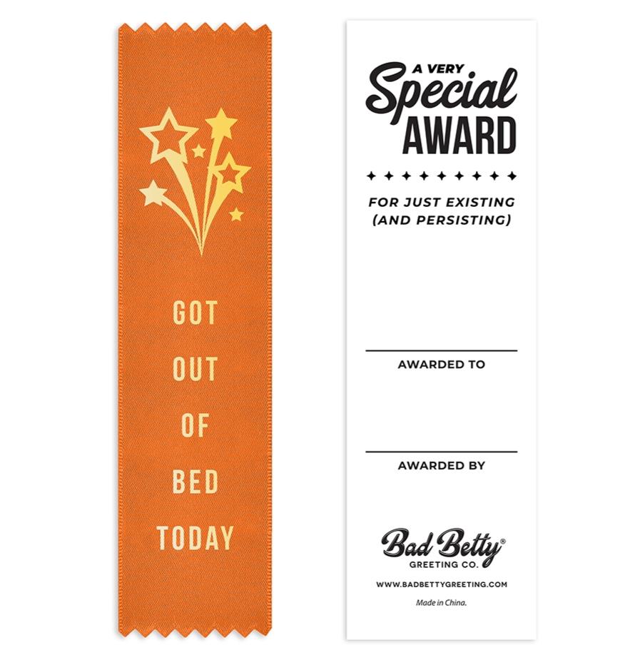 🏆“Got Out of Bed Today” 😂 Funny Lazy Award Trophy Ribbon 🎁 Gag Prize Gift