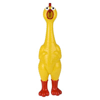 Standing upright against a white background, the GIANT 27" Rubber Chicken is the biggest and loudest squeaky toy—a hilarious yellow gag gift with a long neck, open beak, and red feet.