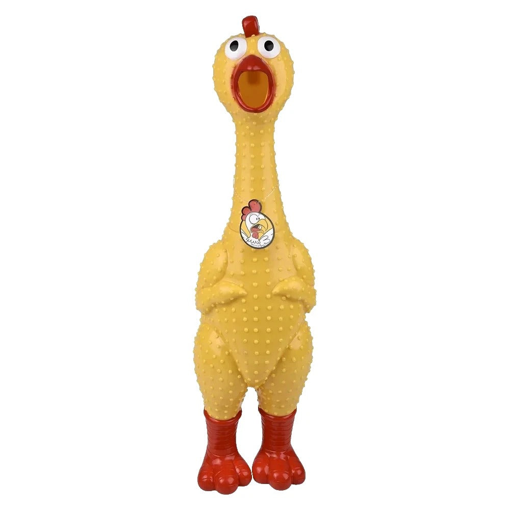 The 🐔 GIANT 27" Rubber Chicken is the biggest and loudest squeaky toy—perfect as a hilarious gag gift with its yellow body, red feet and beak, textured surface, and open mouth.