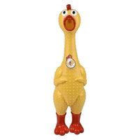The 🐔 GIANT 27" Rubber Chicken is the biggest and loudest squeaky toy—perfect as a hilarious gag gift with its yellow body, red feet and beak, textured surface, and open mouth.