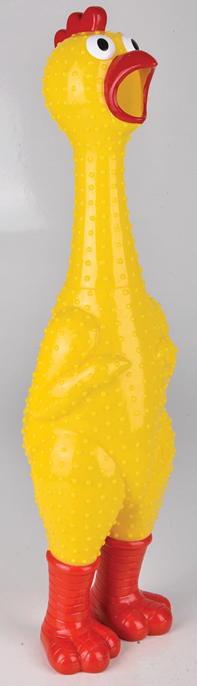 The 🐔 GIANT 27" Rubber Chicken, the biggest and loudest squeaky toy, stands upright with red feet, comb, and beak—a hilarious gag gift for any occasion.