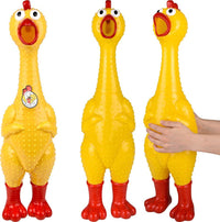 Three GIANT 27" yellow rubber chickens with red beaks and feet stand upright, while one is squeezed for maximum squeak—a hilarious gag gift! Get the biggest, loudest squeaky toy: 🐔 GIANT 27" Rubber Chicken.