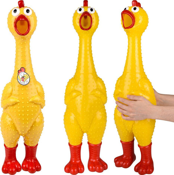Three GIANT 27" yellow rubber chickens with red beaks and feet stand upright, while one is squeezed for maximum squeak—a hilarious gag gift! Get the biggest, loudest squeaky toy: 🐔 GIANT 27" Rubber Chicken.