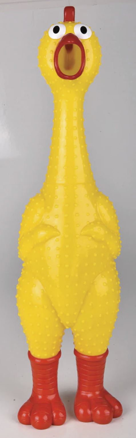The 🐔 GIANT 27" Rubber Chicken is the biggest and loudest squeaky toy, featuring a textured yellow surface, wide eyes, and red beak, feet, and comb. Perfect classic gag gift for all ages!.