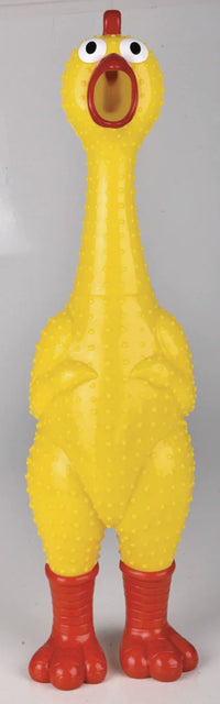The 🐔 GIANT 27" Rubber Chicken is the biggest and loudest squeaky toy, featuring a textured yellow surface, wide eyes, and red beak, feet, and comb. Perfect classic gag gift for all ages!.