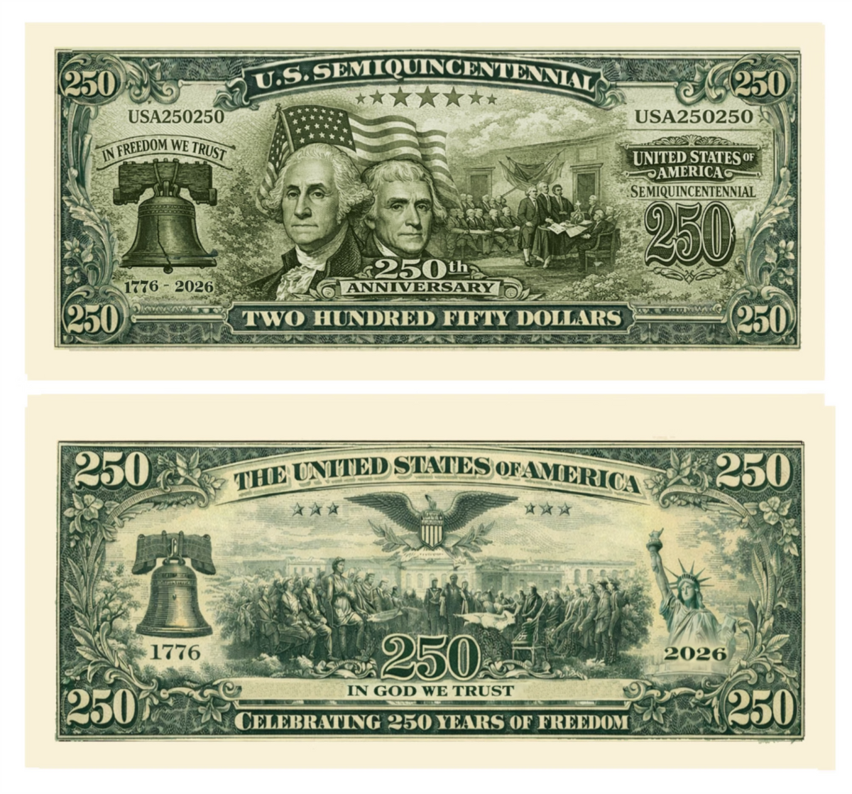 100 U.S. Semiquincentennial 250th Anniversary Commemorative Money Bill Banknotes
