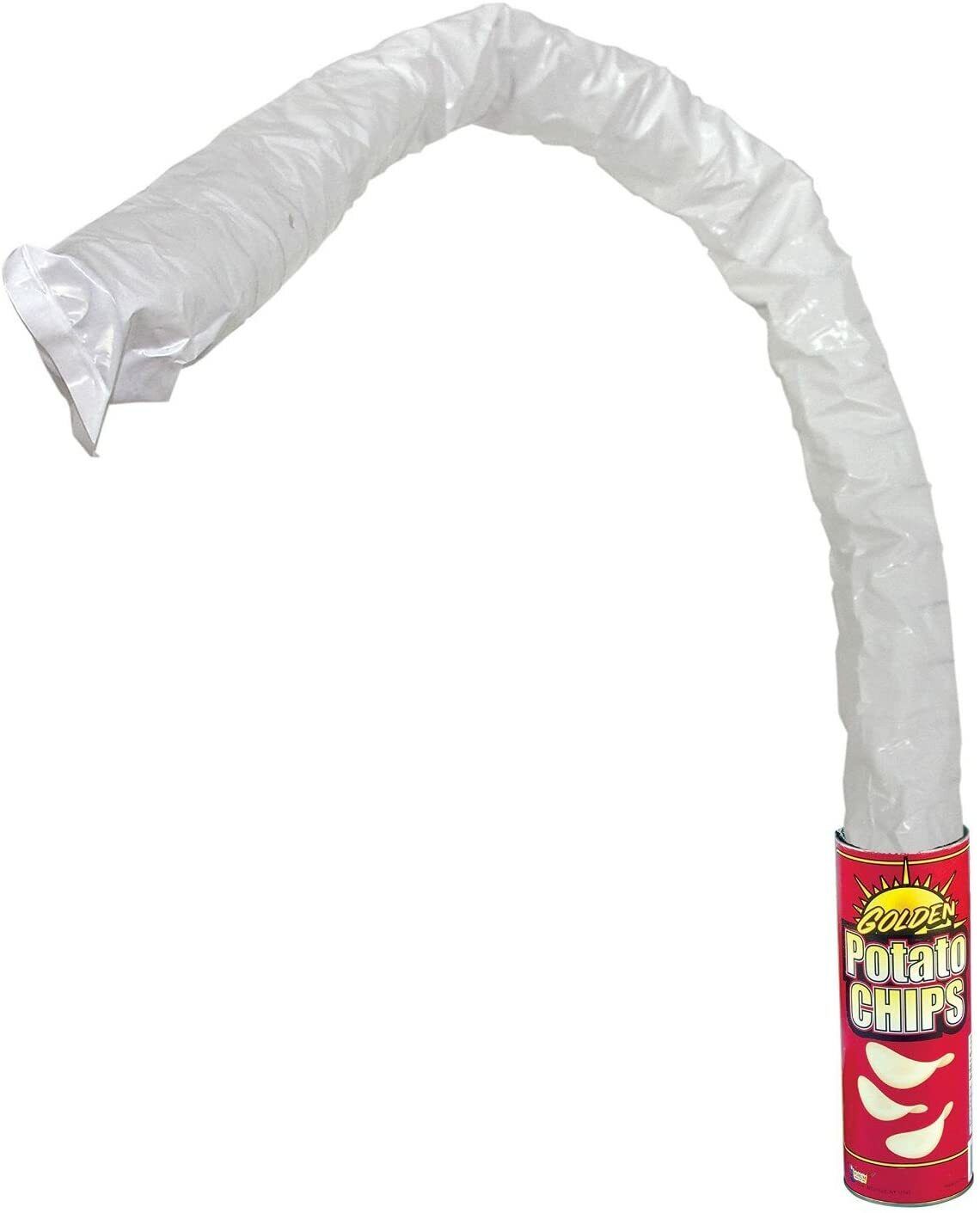 A long, flexible, white plastic snake toy extends out of a red and yellow container labeled "Potato Chips Snake Can Spring Pop - Fun Classic GaG Prank Joke Clown Party Toy," perfect for a classic gag.