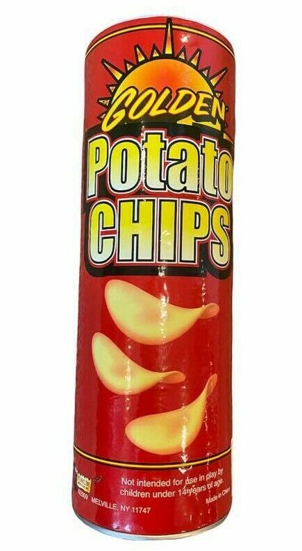 A cylindrical container of Potato Chips Snake Can Spring Pop - Fun Classic GaG Prank Joke Clown Party Toy, perfect for a classic gag. Featuring three floating chips with a sunburst graphic at the top, it cleverly disguises the surprise inside—an iconic Potato Chip Snake Can. Text at the bottom indicates it's not for use by children under 14 years of age.