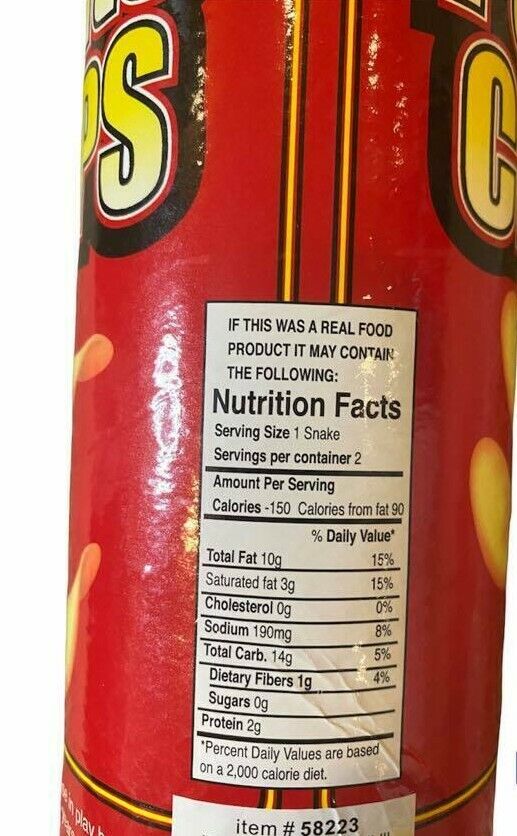 A classic gag, the Potato Chips Snake Can Spring Pop - Fun Classic GaG Prank Joke Clown Party Toy humorously displays nutritional facts noting 150 calories per serving, 10g total fat, 14g carbs, 1g dietary fibers, 2g protein, and 10mg sodium. A subtle note reveals that it’s not a real food product but a delightful prank.