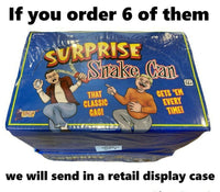 Box of "Potato Chips Snake Can Spring Pop" prank toys with an illustration of startled people. Text above says, "If you order 6 of them," and text below says, "we will send them in a retail display case." Enjoy this classic gag with our Potato Chips Snake Can Spring Pop!