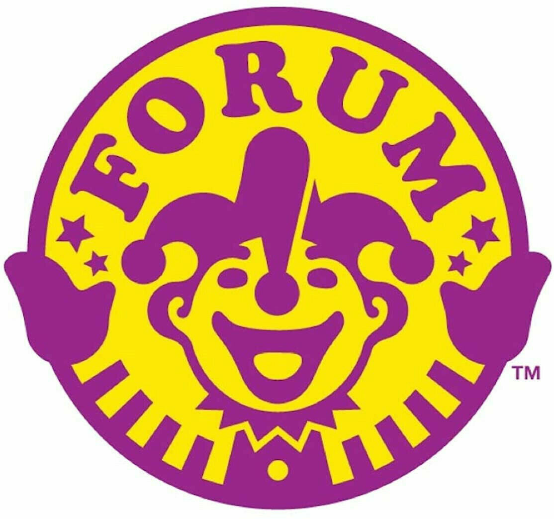 A circular logo showcasing a jester's face in purple on a yellow background, with the word "FORUM" boldly written in purple letters above, evokes the whimsical charm of the Potato Chips Snake Can Spring Pop - a fun, classic gag prank and clown party toy.