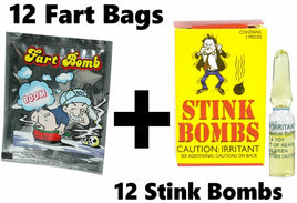 12 GLASS STINK BOMBS + 12 FART BAGS - Gag Prank Joke ~ COMBO SET!