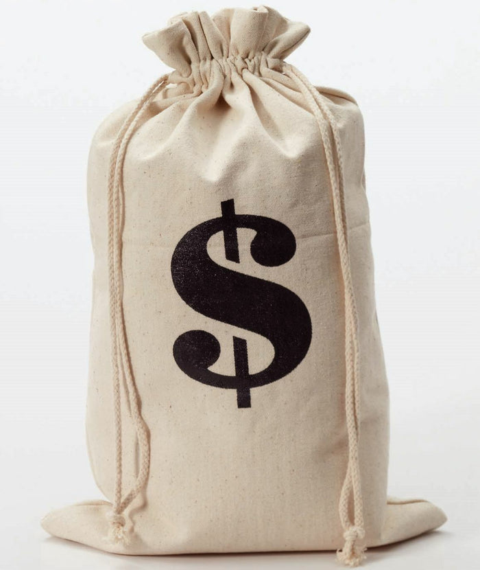 A beige Wild West Bank Robber Money Bag Sack Pouch with a black dollar sign printed on it and a drawstring closure, ideal for an outlaw western costume accessory prop.