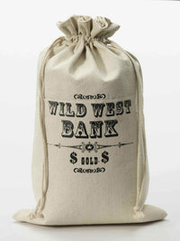 A Wild West Bank Robber Money Bag Sack Pouch Outlaw Western Costume Accessory Prop, crafted from durable canvas cloth fabric and labeled "Wild West Bank, $ Gold $" with decorative text and design, often used for old Western-themed props or costumes.