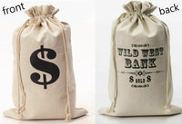 The Wild West Bank Robber Money Bag Sack Pouch Outlaw Western Costume Accessory Prop is crafted from durable canvas cloth fabric, showcasing a bold black dollar sign on the front and "Wild West Bank" in ornate text on the back, all set against a crisp white background.