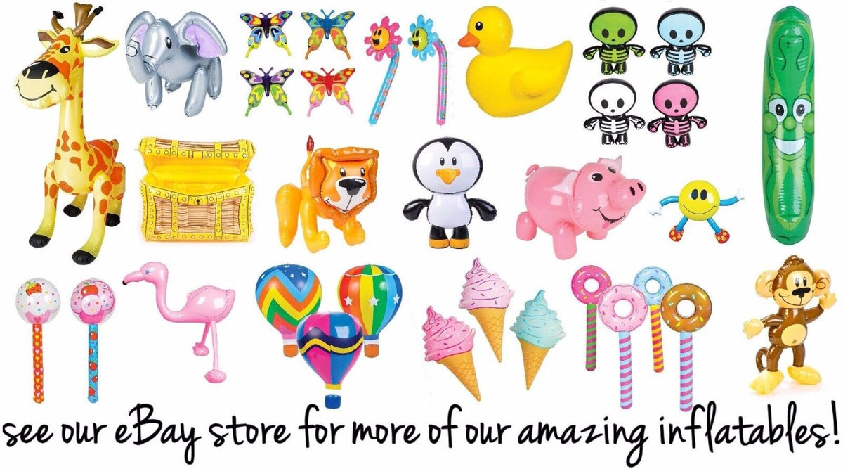 A collage of inflatable toys including a giraffe, elephant, duck, penguin, pig, flamingo, ice cream cones, and more. Featured: the Beach Ball HUGE 48" Inch Rainbow Inflatable 4 FT JUMBO Pool Luau Inflate Toy! Text reads "see our eBay store for more of our amazing inflatables!