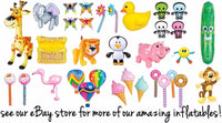 A collage of inflatable toys including a giraffe, elephant, duck, penguin, pig, flamingo, ice cream cones, and more. Featured: the Beach Ball HUGE 48" Inch Rainbow Inflatable 4 FT JUMBO Pool Luau Inflate Toy! Text reads "see our eBay store for more of our amazing inflatables!