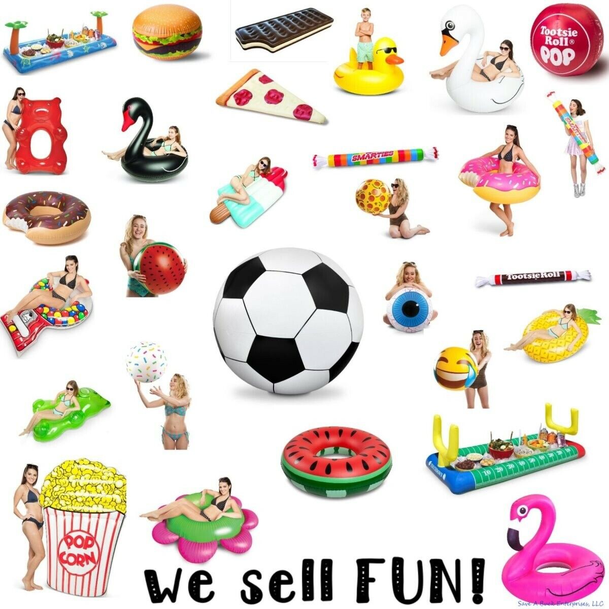 A collection of various inflatable pool floats, including a soccer ball, pizza slice, Tootsie Roll, soda can, and even a Beach Ball HUGE 48" Inch Rainbow Inflatable 4 FT JUMBO Pool Luau Inflate Toy. Text at the bottom reads "We sell FUN!