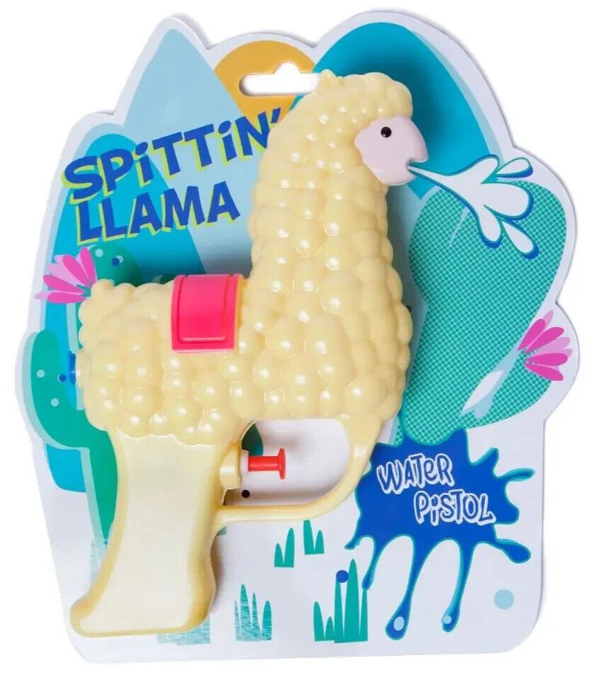 Introducing the SPITTIN' LLAMA Water Pistol Squirt Gun, a funny child's spray soaker toy uniquely designed in a charming llama shape. The lively packaging prominently features "Spitting Llama," guaranteeing endless fun with each playful squirt. Ideal for injecting a bit of laughter into any outdoor adventure!