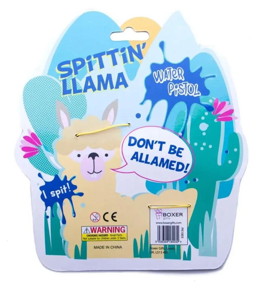 The packaging for the "SPITTIN' LLAMA Water Pistol Squirt Gun - Funny Child Spray Soaker Kids Toy" showcases a llama-shaped squirt gun adorned with colorful designs and whimsical text bubbles such as "I spit!" and "Don't be allamed!" Ideal for those who enjoy novelty water pistols with a humorous twist.