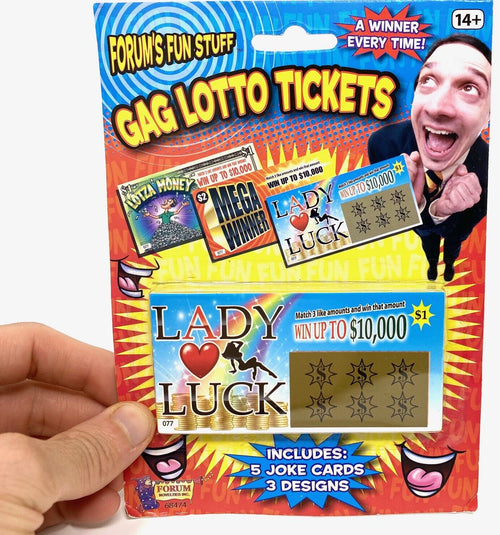 A hand holds a colorful "5 GAG LOTTO TICKETS Cards" pack, promising a humorous fake lottery win every time.