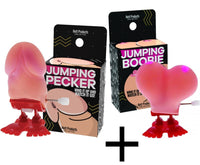 The "1 Jumping Boobie & 1 Pecker - Wind up Set" is a funny hen party novelty adult gift featuring wind-up mechanisms to activate their jumping motion—perfect for adding a quirky twist to kids' birthday parties or as cheeky party decorations.