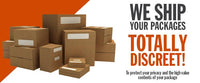 Displayed next to the text, "We ship your packages TOTALLY DISCREET! To protect your privacy and the high value contents of your package," is a group of various sized cardboard boxes with blank labels. Ideal for keeping the surprise behind kids birthday parties or 1 Jumping Boobie & 1 Pecker - Wind up Set - Funny Hen Party Novelty Adult Gift under wraps.