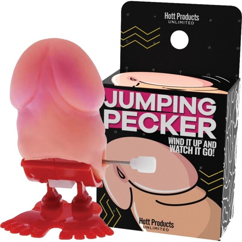 A humorous novelty set by Hott Products Unlimited, featuring a wind-up "Jumping Boobie" and "Pecker," complete with playful packaging. Ideal for adult-themed events or quirky party decorations, these toys are designed to jump when wound up.