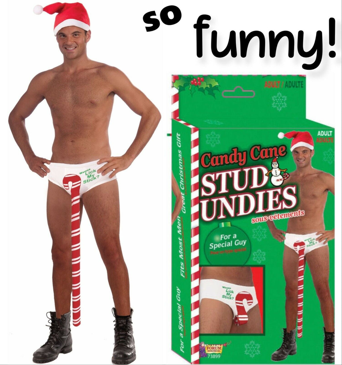 CANDY CANE STUD UNDIES SOUS-VÊTEMENTS Slip blanc de Noël Funny GaG Joke Prank Men