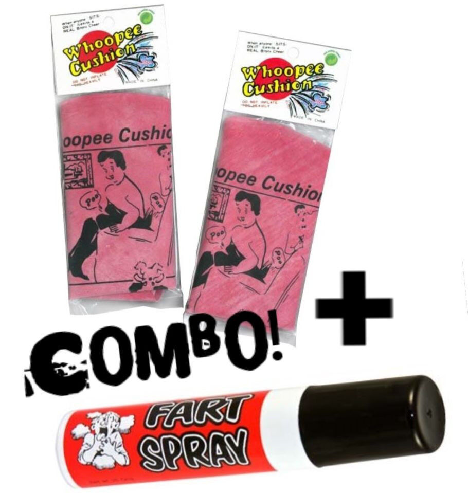 2 cojines Whoopie + 1 lata de spray para pedos ~ JUEGO DE FIESTA DE BROMA COMBO ~