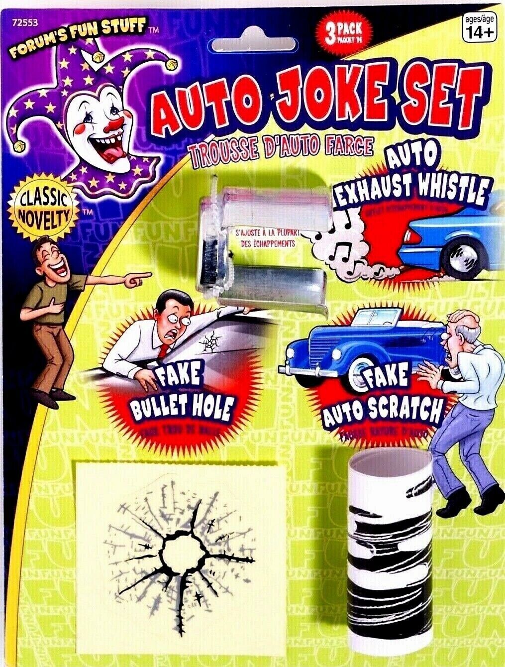 AUTO JOKE SET Broma divertida Broma Coche Regalo Falso Scratch Bullet Hole Escape Silbato 