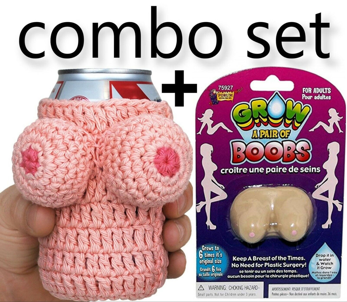 Soporte para enfriador de botellas de lata de cerveza de punto Boobie de Nana + 1 senos de crecimiento ~ COMBO SET