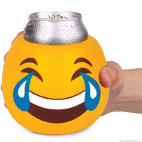 A hand holds a can inside a high-quality BigMouth TEARS OF JOY EMOJI Foam Drink Can Bottle Beer Soda Cooler, showcasing a laughing face with tears of joy expression.