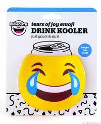 A premium foam drink cooler shaped like a yellow tears of joy emoji, designed to keep your beverages cold. The packaging reads, "BigMouth Inc. TEARS OF JOY EMOJI Koozie DRINK KOOLER just grip it & sip it." This insulated can holder is perfect for any occasion and goes by the name "TEARS OF JOY EMOJI - Foam Drink Can Bottle Beer Soda Cooler Cooler" from BigMouth.