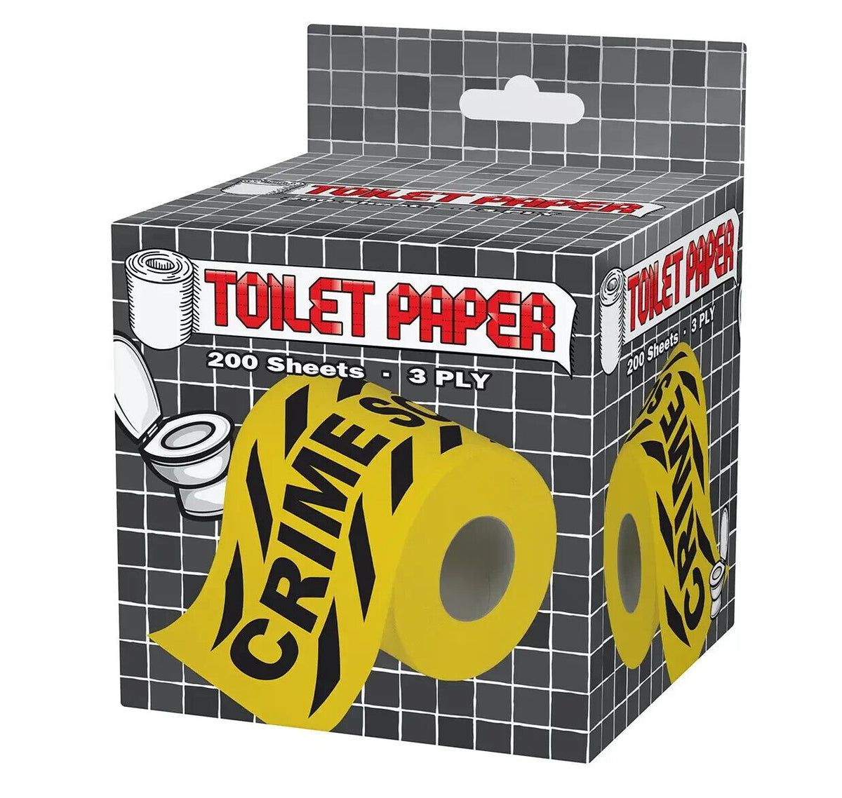 The CRIME SCENE Bathroom Toilet Paper Roll - Funny Gag Prank Joke Novelty, featuring 200 three-ply sheets that resemble yellow crime scene tape labeled "TOILET PAPER," makes a unique and hilarious gift sure to spark conversations and plenty of laughs.