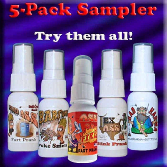 Image of five spray top bottles of novelty prank sprays labeled "5-Pack Sampler" with names like "Liquid Ass," "Ass on Fire," "Bad Karma," "Barfume," and "Tex Ass." Text above says, “Try them all!” This assorted stink prank set is perfect for any occasion.